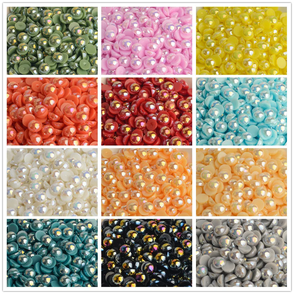 

3mm-12mm Mix Size Half Round AB Pearl plastic Non Hotfix Flat Back Glitters For DIY Nail Craft Decoration