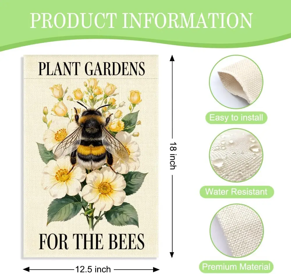 Plant Gardens for the Bees Garden Flag, 12 x 18 Inch Double Sided Bumblebee Floral Outdoor Yard Decor, Meaningful Eco Friend PPM - view 3