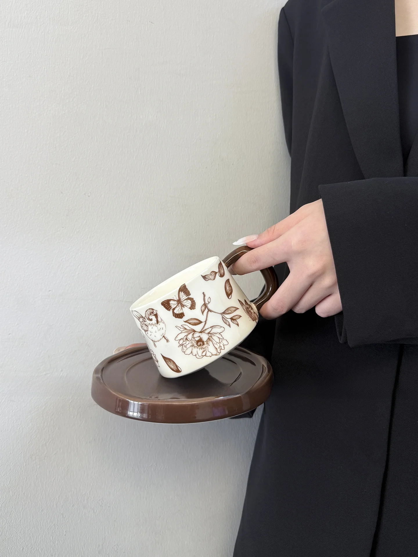 Retro Brown Flower And Bird Ceramic Coffee Cup Set with Saucer Afternoon Tea Water Cup Gift Single Ear Handle Microwave Oven ...