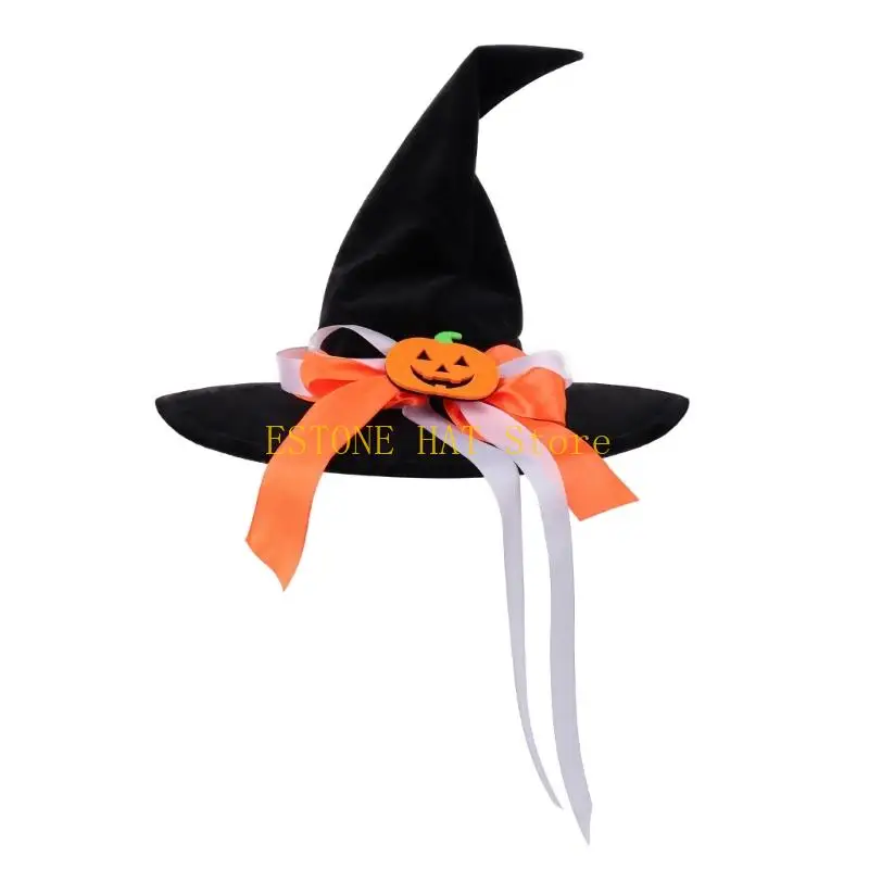 49MF Pointed Witch Hat Roleplay Headpiece with Pumpkin Decors Halloween Party Hair Clip for Costume Photoshoots and Cosplay