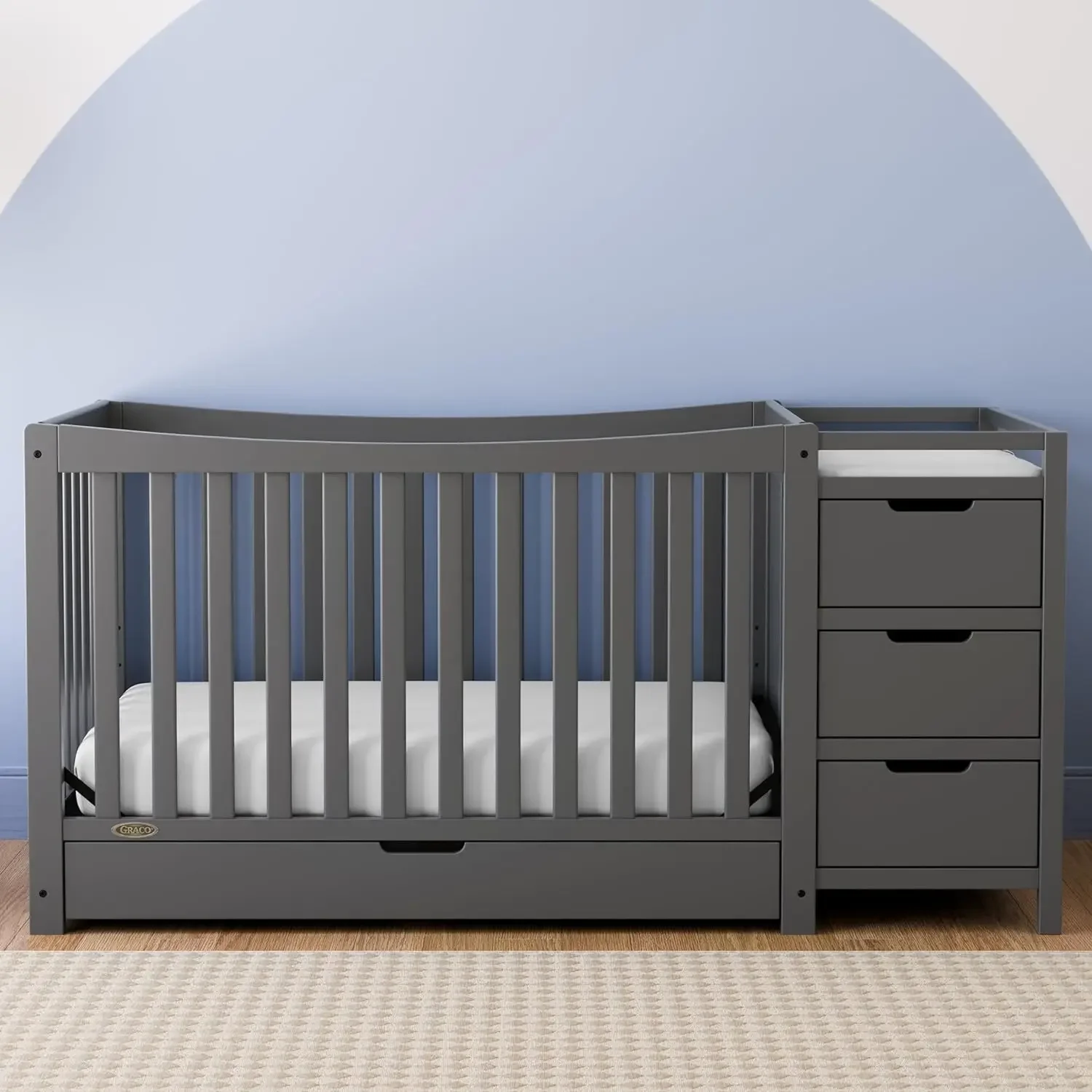 Graco Remi-cuna Convertible 4 en 1, cambiador con cajón (gris), certificado en oro GREENGUARD, Combo de cuna y cambiador