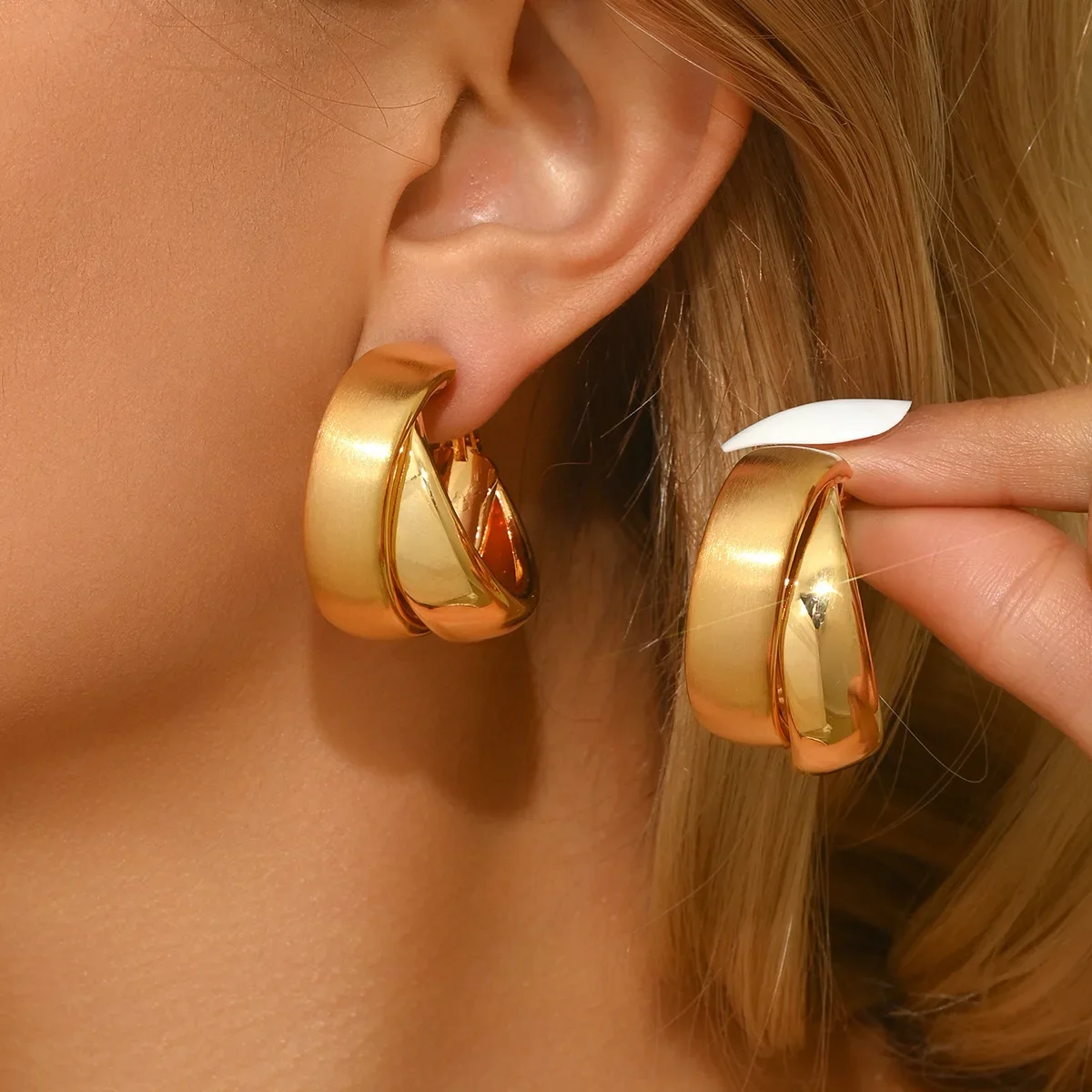 Pendientes de aro gruesos de acero inoxidable para mujeres y niñas, Color dorado, doble anillo, pendientes de gota geométricos gruesos, regalo de joyería llamativa