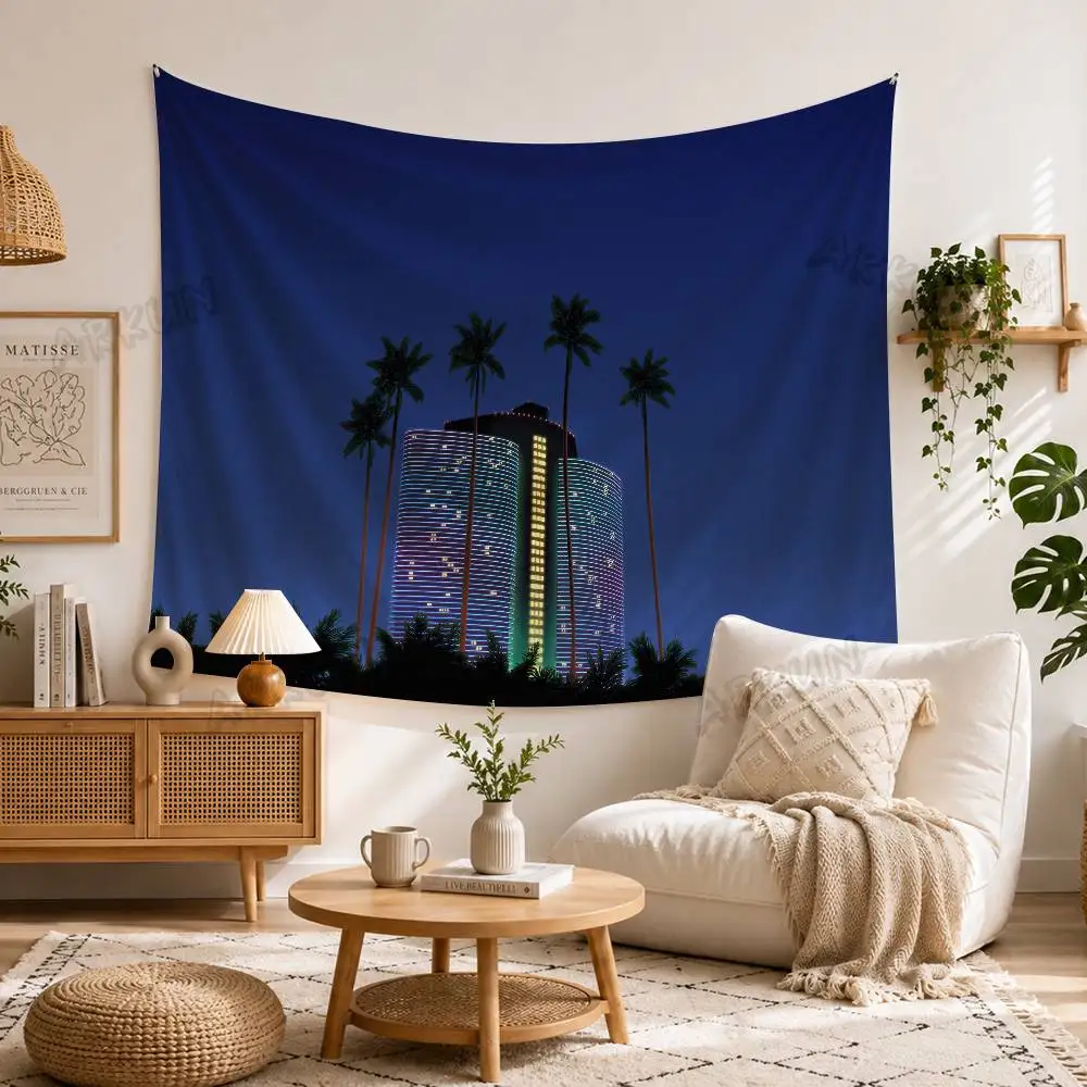 Retro Palm Tree City Building Tapestry, Night Tropical Skyscraper Landscape Dark Blue Evening Urban Scenery Wall Decor