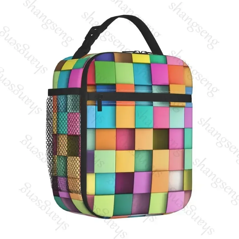 Lunch Bag insulated bag,student thickened waterproof Outdoor Travel Ice Pack, Picnic Bag Rainbow cube grid pattern