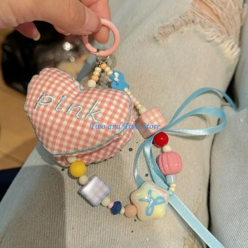 

HX6F Elegant Lattice Heart and Ribbon Bows Bag Pendant Chain Lanyard