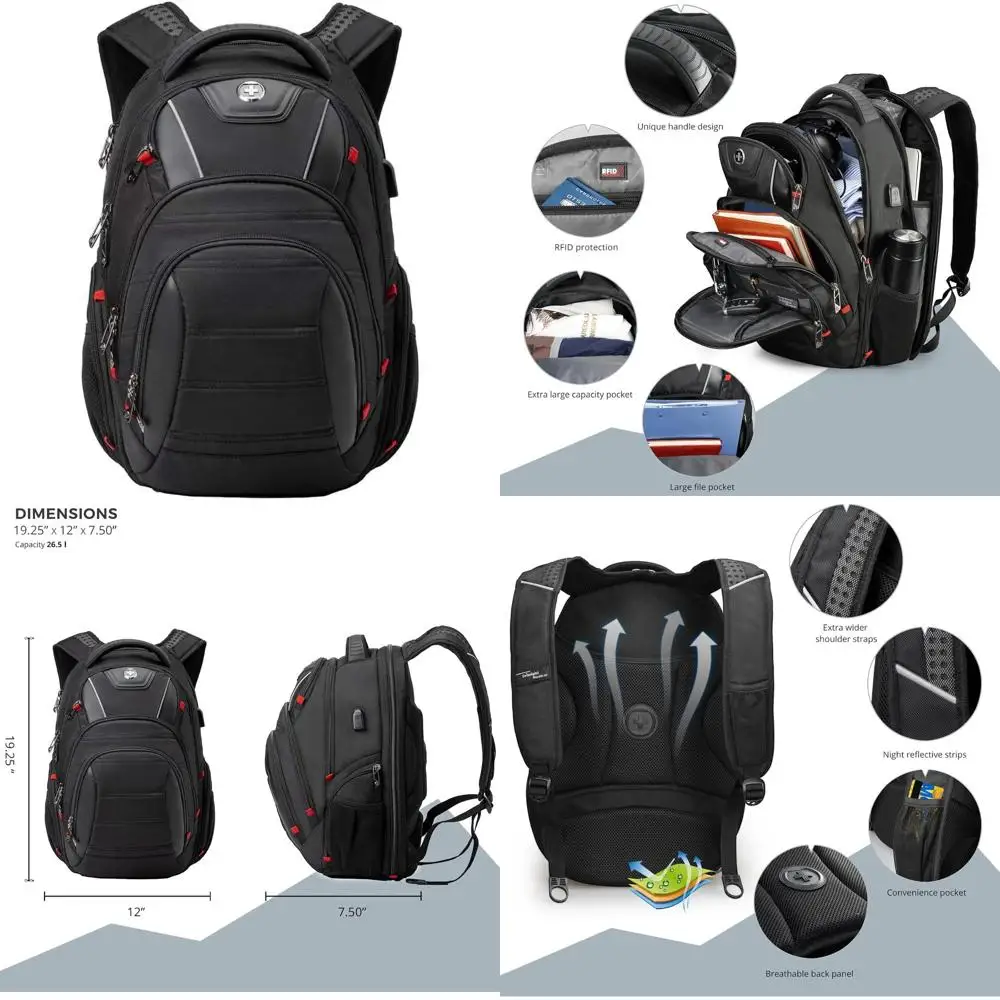 

15.6 Black Laptop Backpack for Men with USB Charging Port - Travel Ready