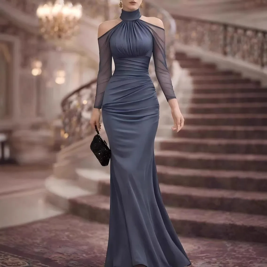Ruched Halter Neck Gown Mermaid Elegant with Pleated Dress for Women Maxi Length Off Shoulder Sleeve Three Quarter Sleeve