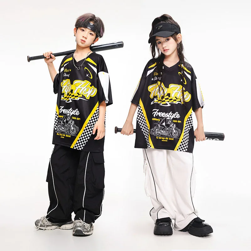 

Kid Hip Hop Clothing Black Print V Neck T Shirt Top White Casual Pocket Sweat Pants for Girl Boy Jazz Dance Wear Costume Clothes