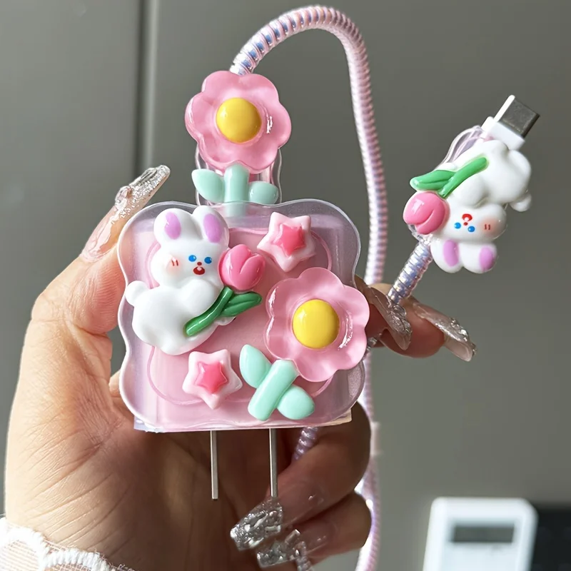 3D Pink Flower Charger Protector Cover For iPhone 11 15 14 13 Pro 11 12 18W 20W Charger Cable Data Line Winder Protective Sleeve