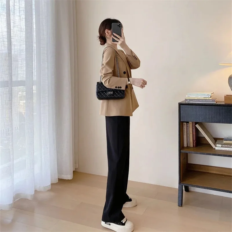 High Waist Khaki Suit Wide Leg Women‘s Full Pants Autumn Female Elegant Minimalism Straight Loose Trousers 2025 New
