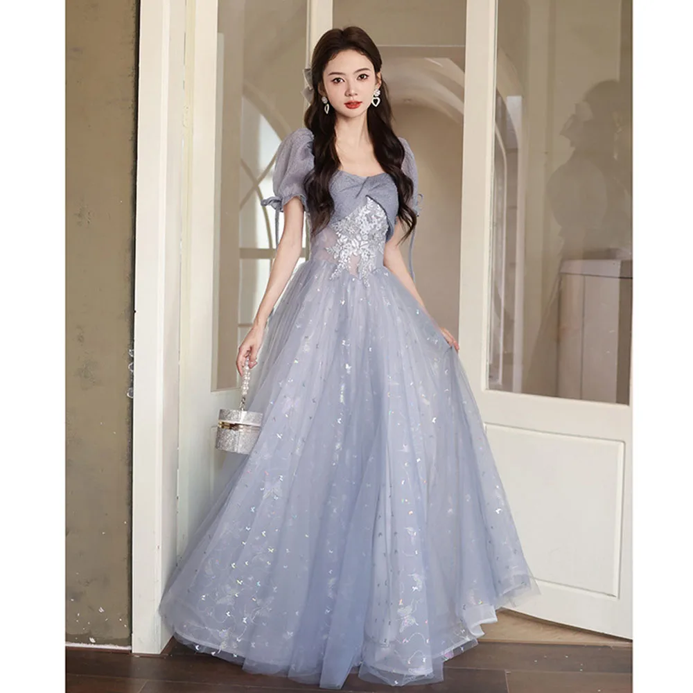 Pailletten schwarz Abendkleid Französisch Puff Ärmel von der Schulter Cocktail Party Kleid elegante Schnürung lange Hochzeit Brautjungfer Kleider