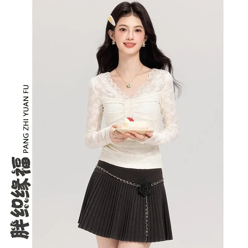 

Pure Sexy Style Long-sleeved Top Autumn and Winter Lace Lace Bottoming New Slim High-end Short