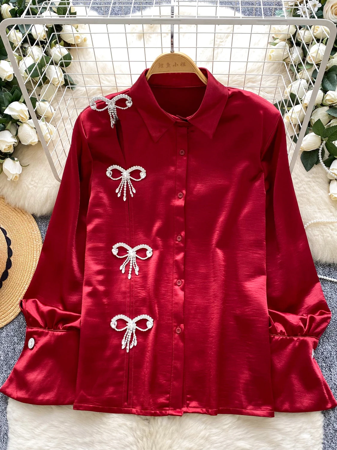 

Атласный длинный женский топ све-жир с узлом, свободный модный топ на осень 2023 г.