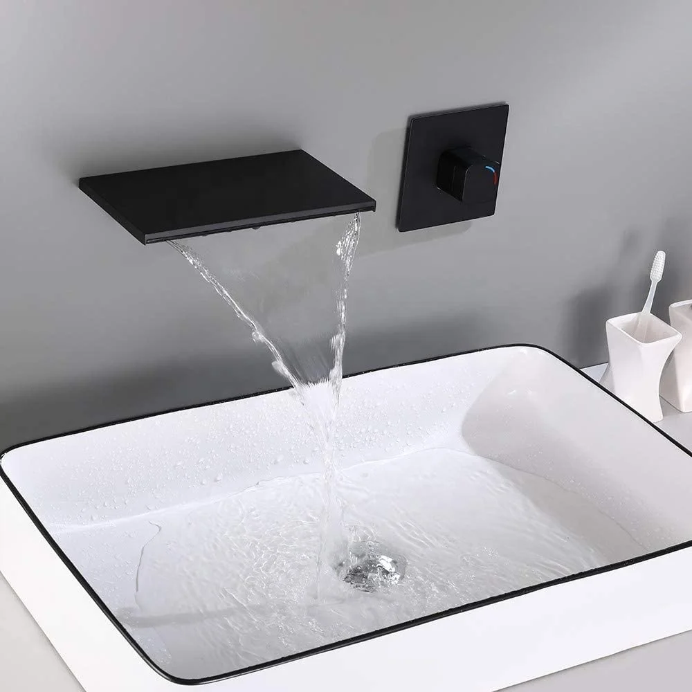 Matte Black Waterfall Wall Mount Bathroom Sink Faucet Single Knob Solid Brass Bathroom Tub Faucet