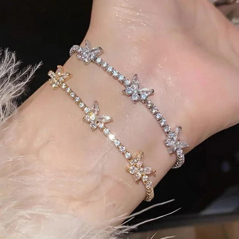

Tibetan Silver Full Zircon Butterfly Charm Bracelets for Women Cute Fashion Jewelry Minimalist Insect Accessories