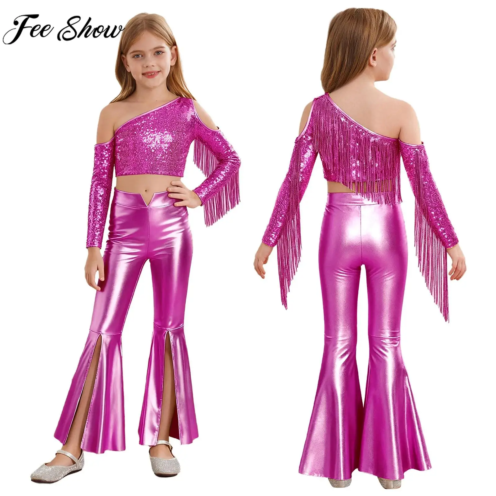 Costume de Cosplay de princesse pour filles, personnage de film, tenue de danse Jazz Disco, glands, paillettes brillantes, haut court, pantalon à cloche métallique