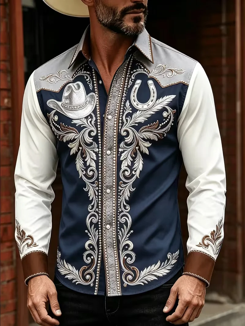 New men's retro ancient world map full of 3D printed patterns long sleeved shirt with hanging collar top clothing view 3