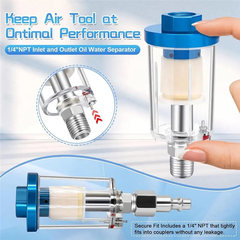 DT15 Air Compressor Oil-Water Separator Filter, 1/4 NPT Inlet Outlet, Aluminum Copper Housing, Rustproof Paint Sprayer