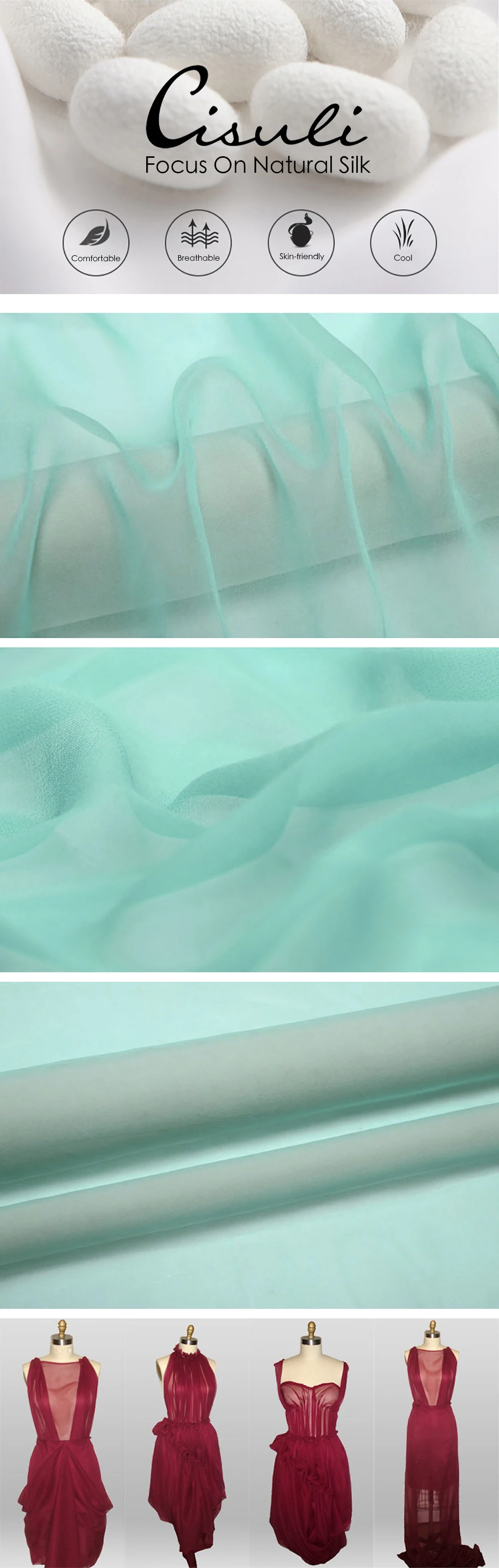 CISULI 100% Pure Silk Georgette Fabric,8momme,Width 140cm/55inch,Transparent Tulle Soie Material,Chiffon Georgette Cloth