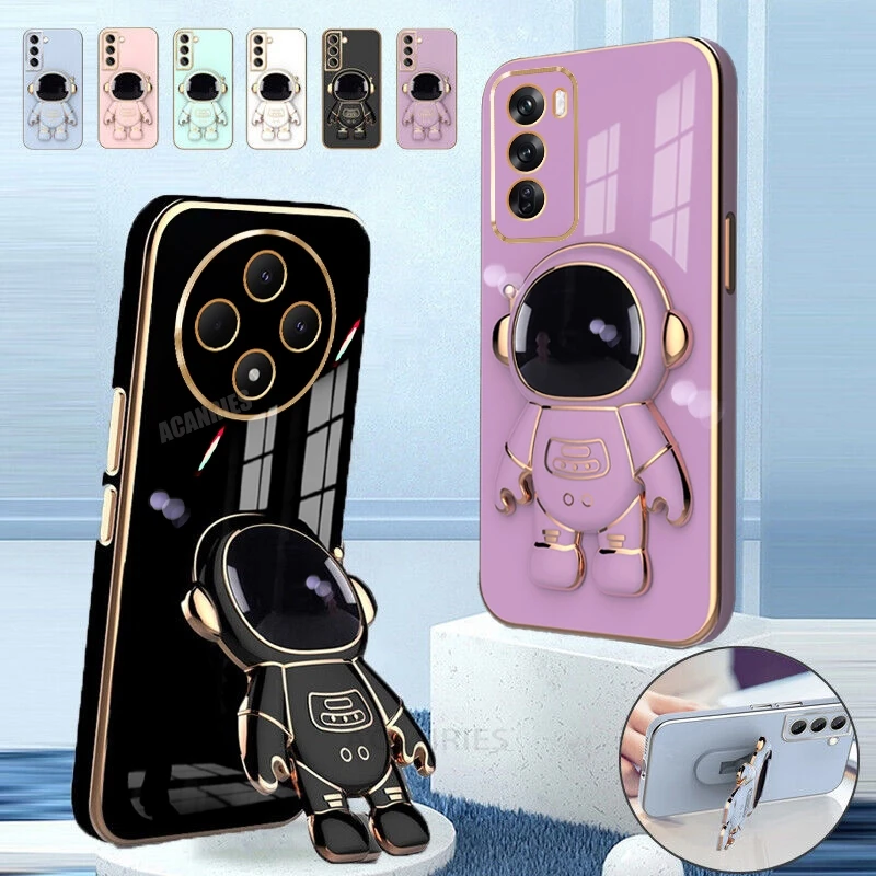 Reno12f Astronaut Holder Luxury Plating Case For Oppo Reno 12 10 Pro 12f 12fs Reno12 F Fs 4g 5g 7 6 5 Lite Silicone Stand Cover