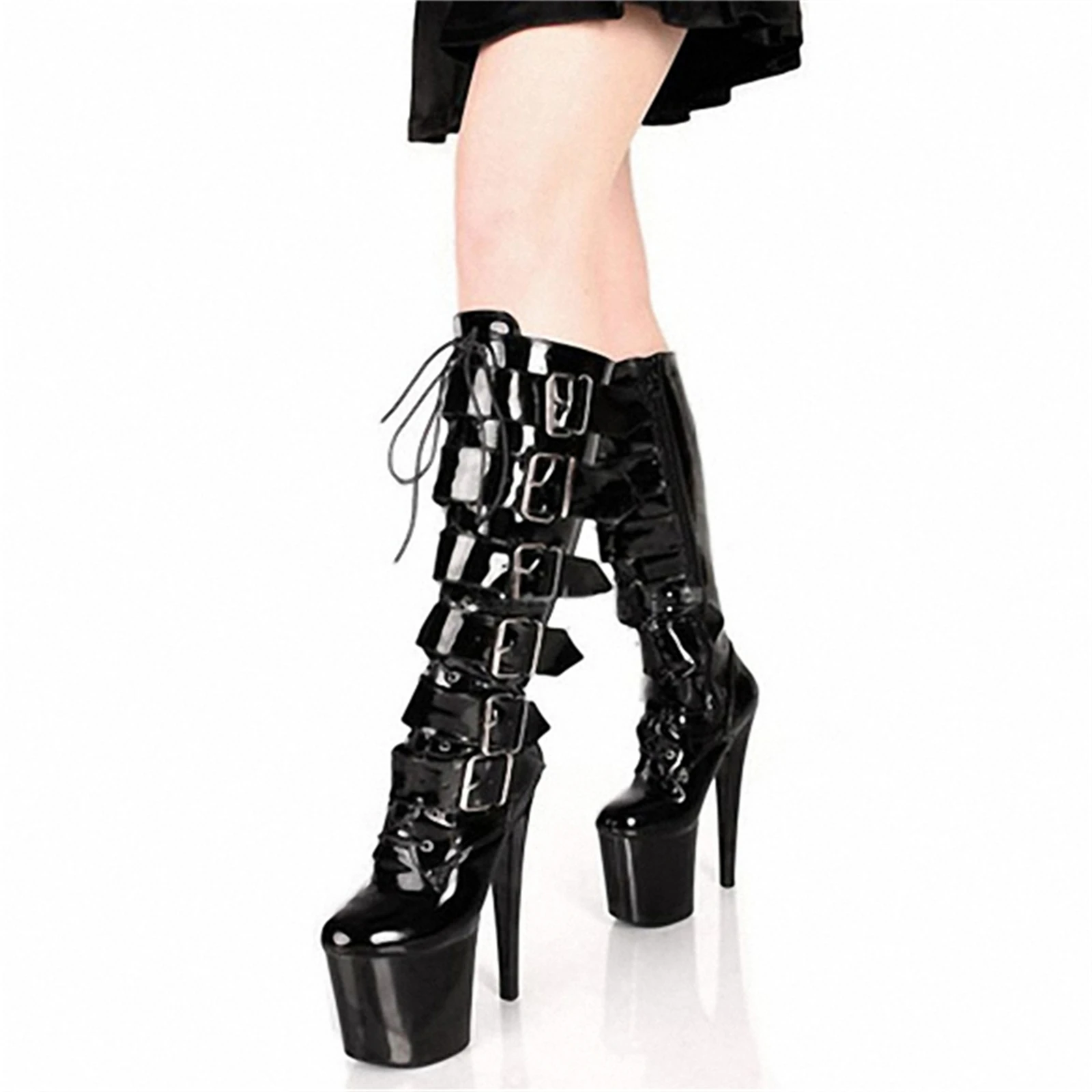 

​20CM Platform Knee High Boots Black, Studded Leather Thigh Boots with Multi-Buckle Strap, Extreme Height Punk Shoes​