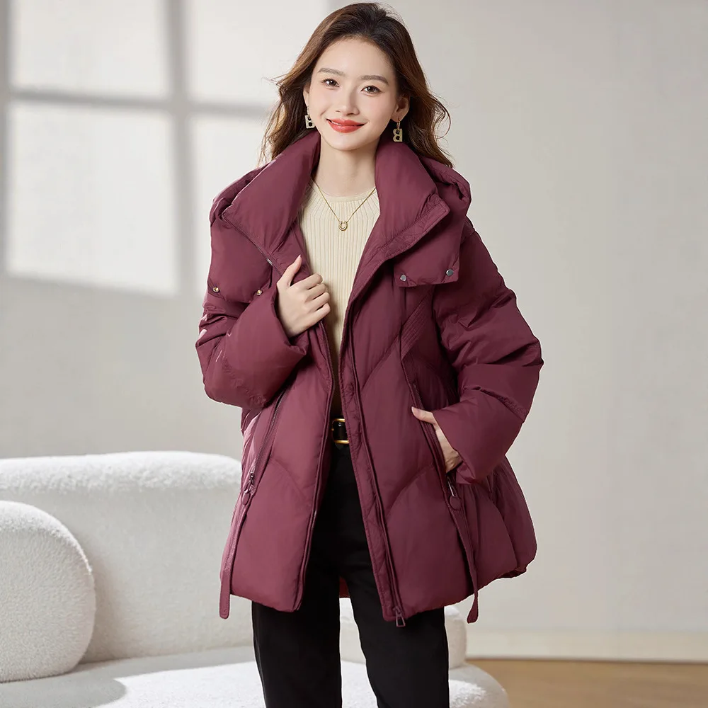 Nueva chaqueta de plumón europea de invierno para mujer, chaqueta holgada de plumas de ganso 90 con capucha para ir al trabajo