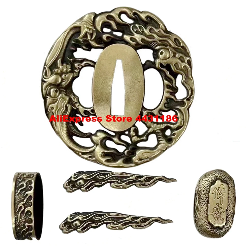 A Set Japanese Samurai Sword Guard Tsuba+Menuki+Fuchi+Kashira Brass Fittings For Katana/Wakizashi/Tanto Brass Parts Accessory