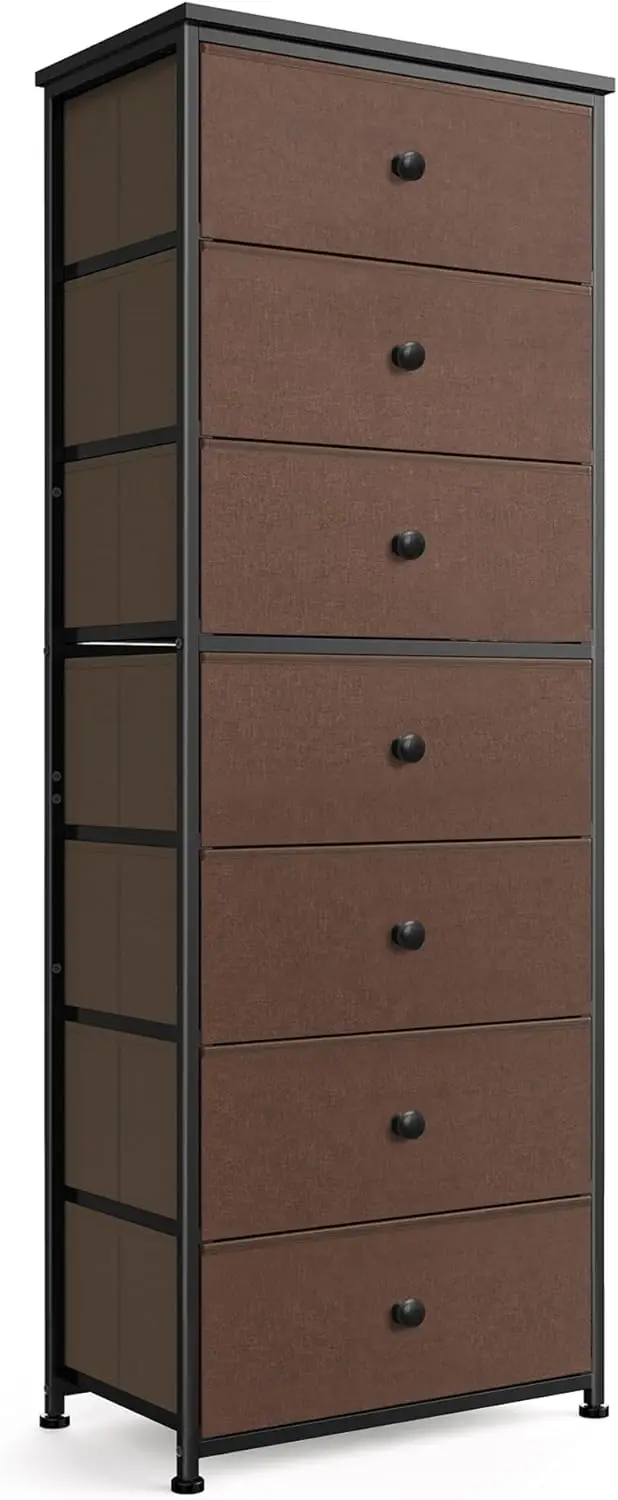 

Tall Fabric Dresser for Bedroom, Vertical Storage Organizer Tower with 7 Drawers, Chest of Drawers with Bins, Steel Frame, Wo