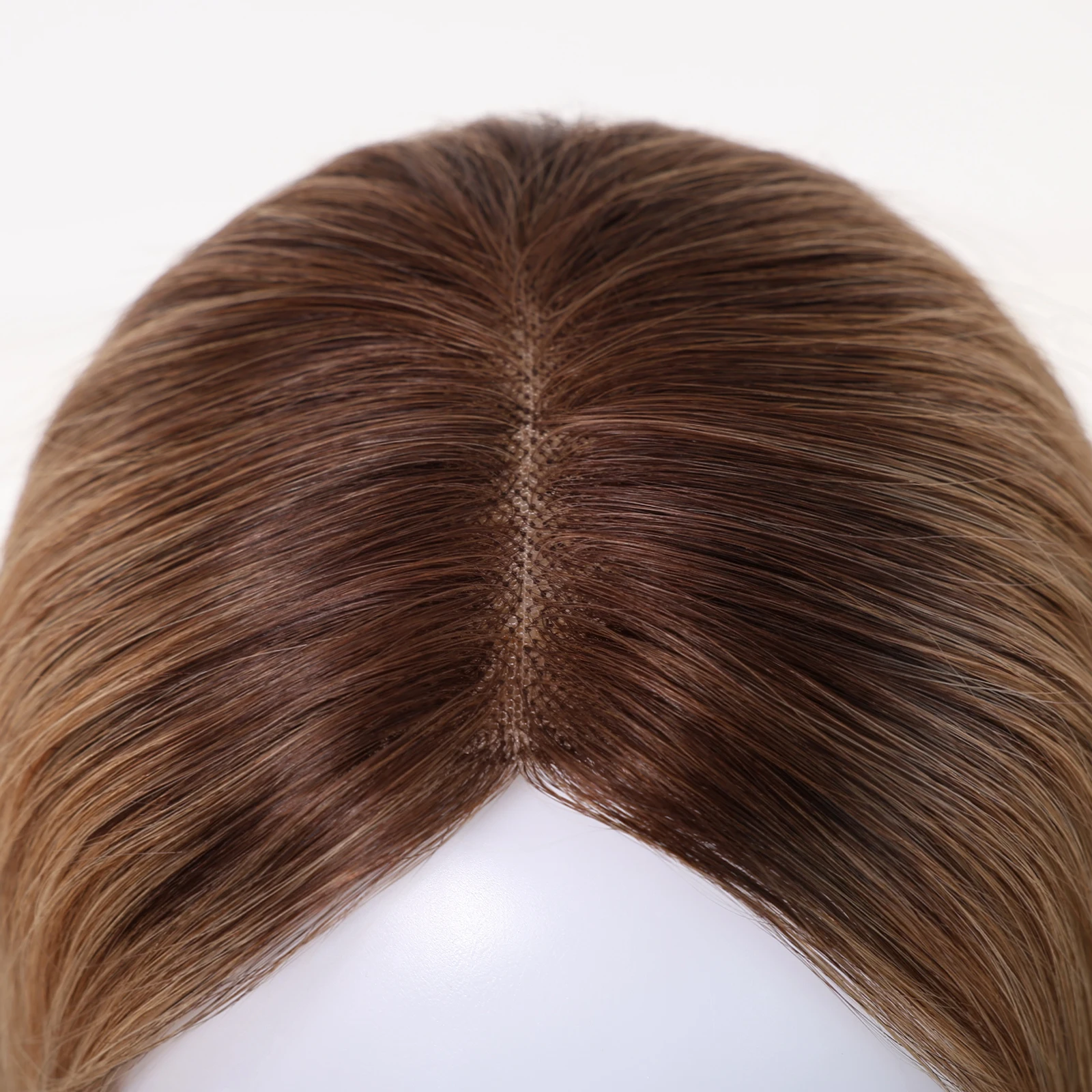 Topper de Cabelo Humano 100% Remy Ombre Castanho de 12 Polegadas com Base de Renda 4x5 Polegadas para Mulheres com Cabelo Ralo e Parte Central