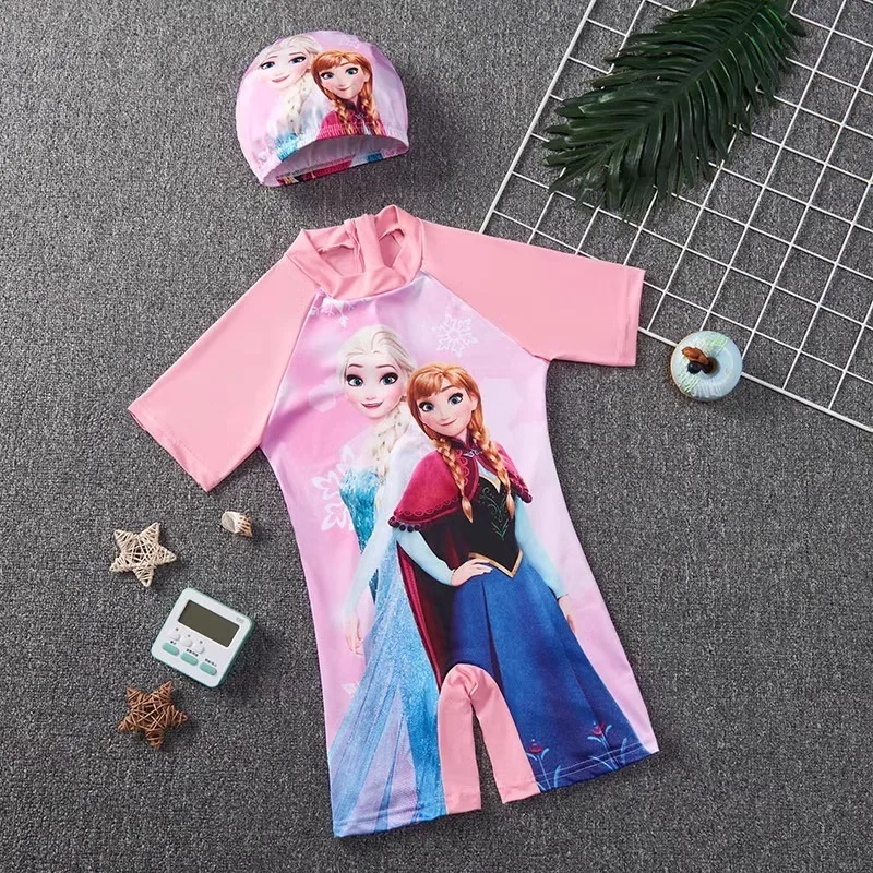 طقم ملابس سباحة وقبعة سباحة بطباعة كرتونية لطفل وفتاة ، ملابس بحر للأطفال ، توب بيجامة ، الرجل الحديدي ، الرجل العنكبوت ، مجمدة ، إلسا ، ملابس ، 2 *