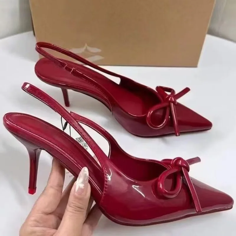 Sexy Women High-heel Sandals 2026Summer Bow Slingbacks Pumps Elegant Banquet Party Ladies Patent Leather Sandlias De Mujer 35-42