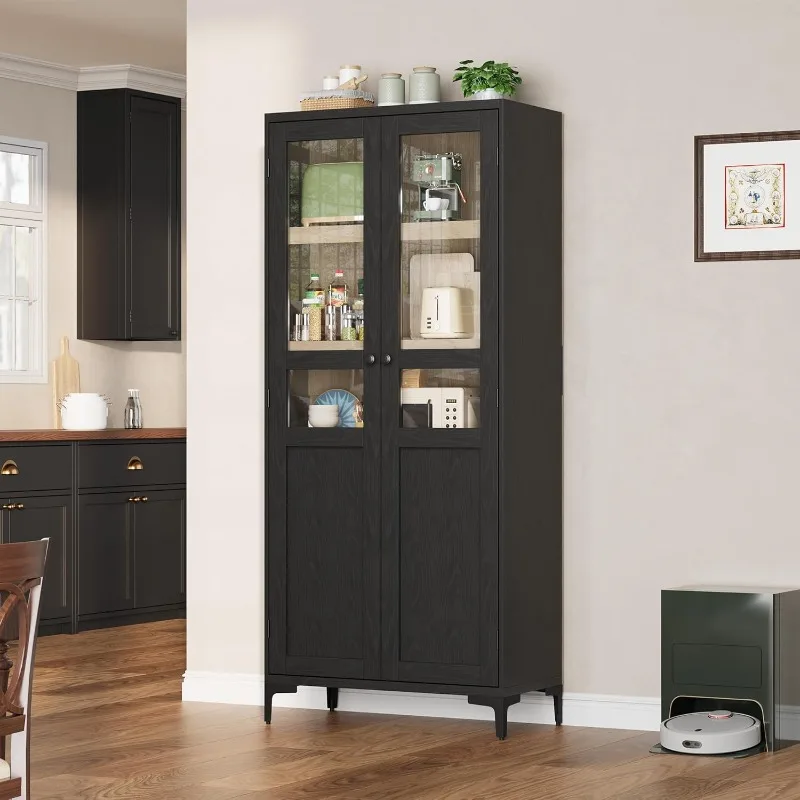 

63" Tall Kitchen Pantry Cabinet, Freestanding Food Storage Cabinet with 2 Glass Doors 5 Tier Adjustable Shelves for Kit