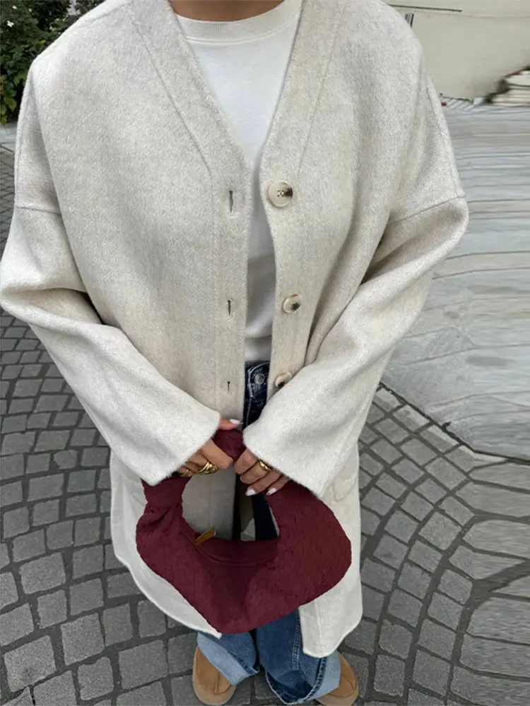 Women\'s Solid Woolen Long Coat Elegant O-neck Single Breasted With Scarf Pockets Overcoat 2024 Lady Chic Fall Warm Wool Jacket