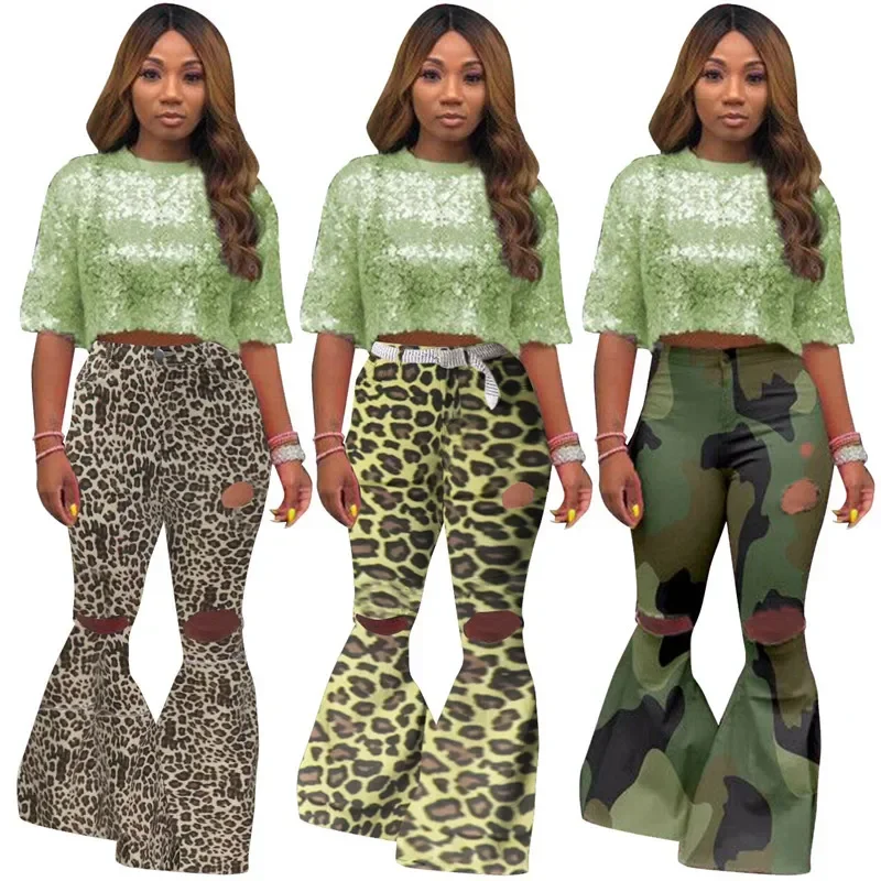 Fashion Camouflage Leopard Print Ripped Jeans Hole Denim Pants Pantalones De Mujer High Stretch Vintage Bell Bottoms Flare Pants