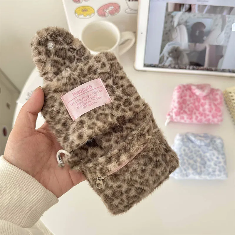 Small Wallet Student Meal Card Holder Id Holder wallet Girl Plush Leopard Pattern Card Bag Zipper Coin Purse High Beauty Bag