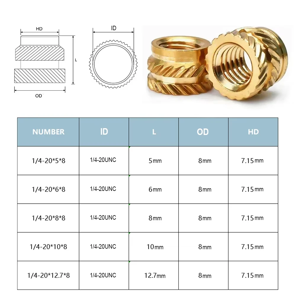 1/4-20 UNC Brass Heat Insert Nut Double Twilled Knurled Injection Molding Embedment Inserts Hot Melt 3D Printing Inserts Nuts