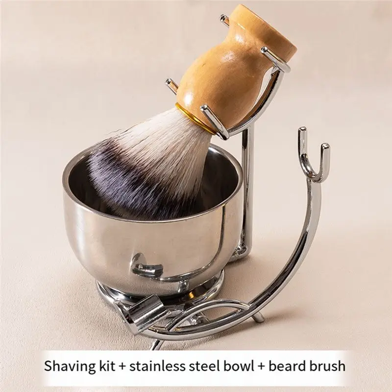 ABKS-Stainless Steel Shave Brush Holder Perfect Double Layer Soap Bowl And Shaving Brush In Natural Wood Handle