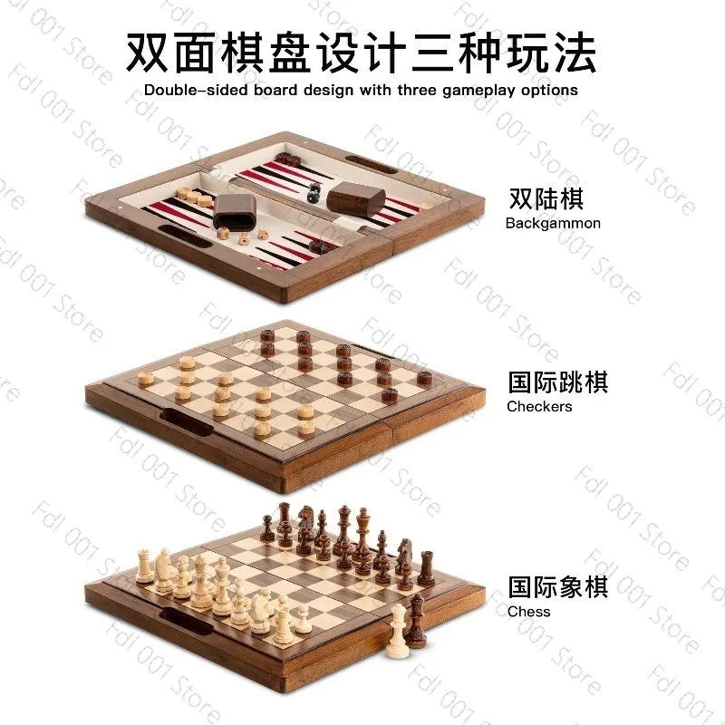 Premium Solid Wood 3in1 Chess Set - Backgammon/Checkers 3-in-1 Board Game For Home Travel Family