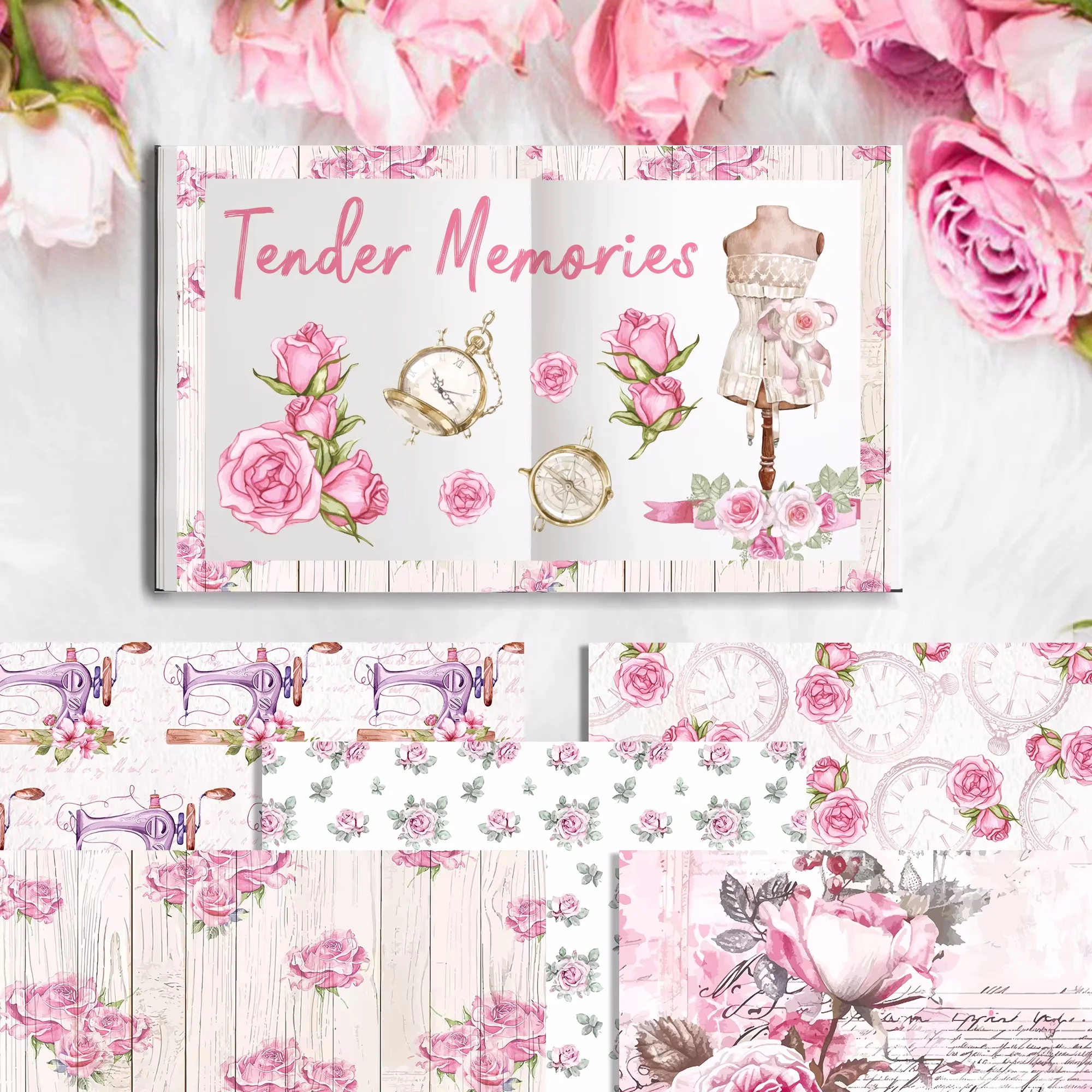 24pcs Pink Rose Clock Pattern Scrapbook Paper Party Gifts Decorative Packing Craft Wrapping Papers 30*30cm