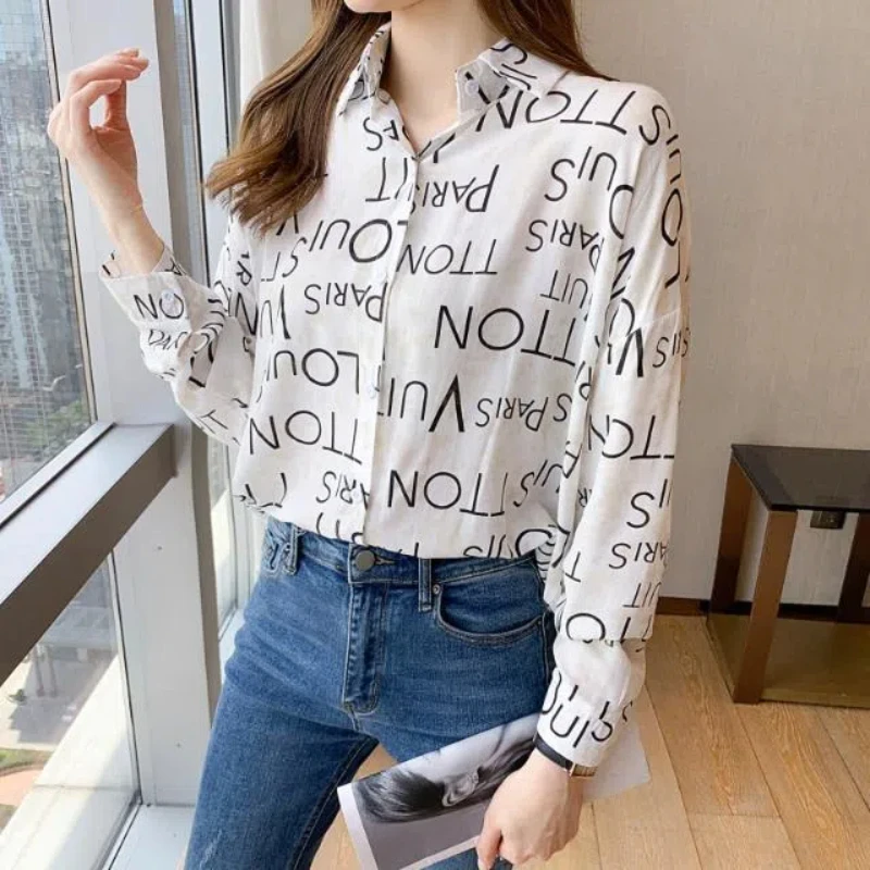 Letter Printing Chiffon Long Sleeve Tie Dye Button Cardigan Shirt Women\'s Clothing Spring Autumn Casual Office Lady Formal Tops