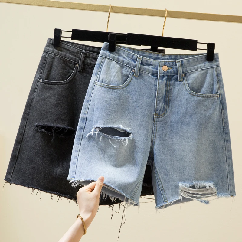 

M-4XL Summer Women Denim Shorts Hole Ripped Loose Straigh Half Jeans Female Casual Short Pants Streetwear