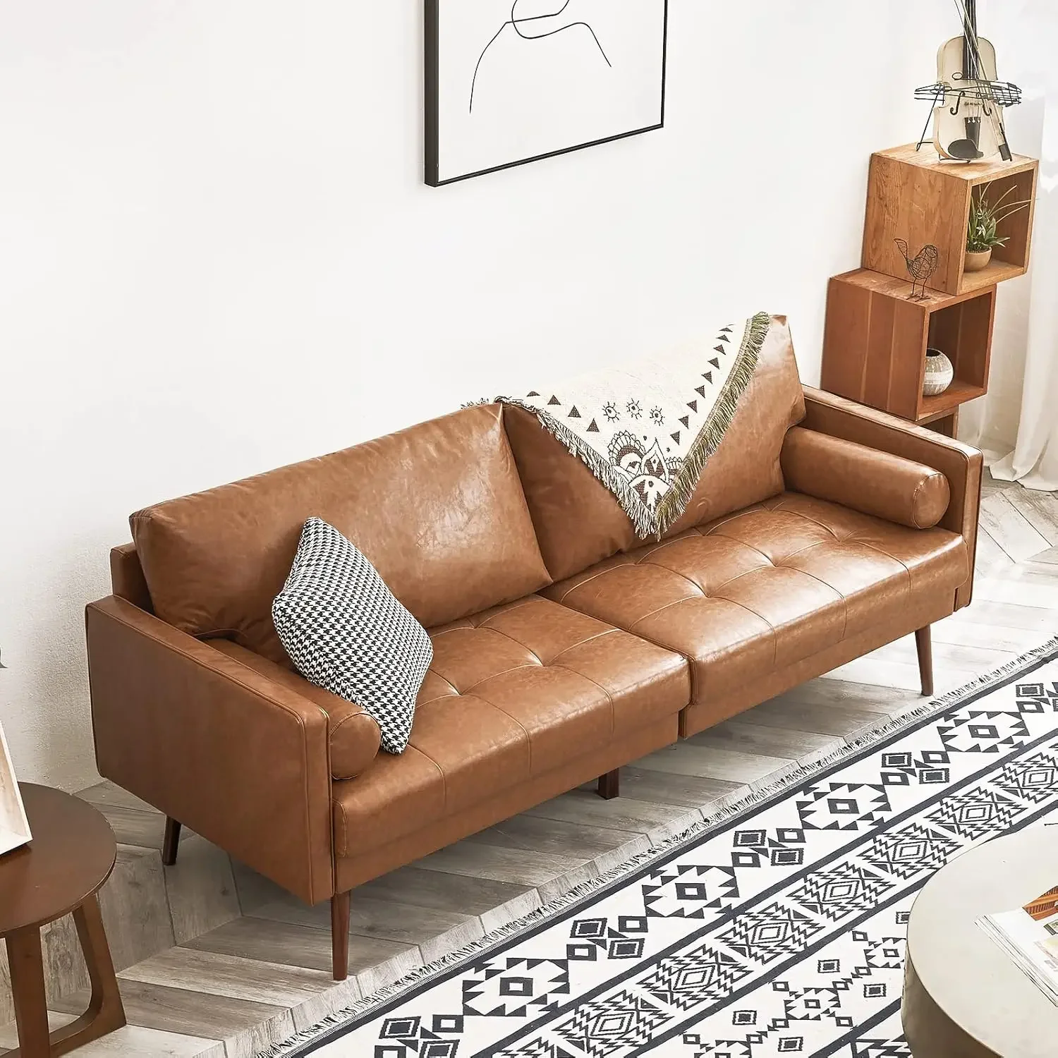 Faux Leather Sofa Couch, Mid-Century Leather Couch with Hand-Stitched Comfort Cushion and Bolster Pillows for Living Room