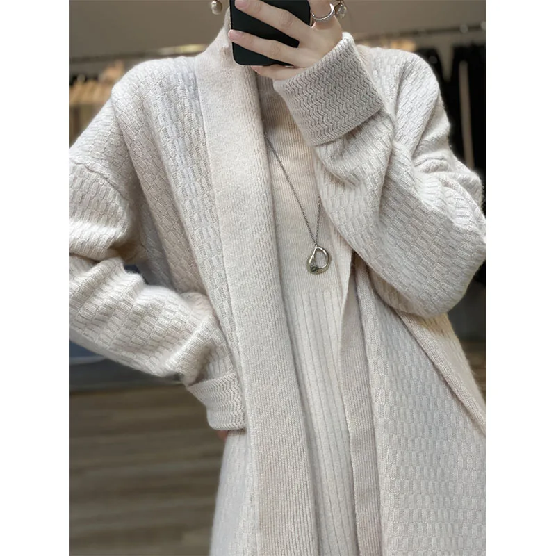 Heavy autumn and winter new cashmere cardigan women's long lapel solid color plus size sweater loose knit coat