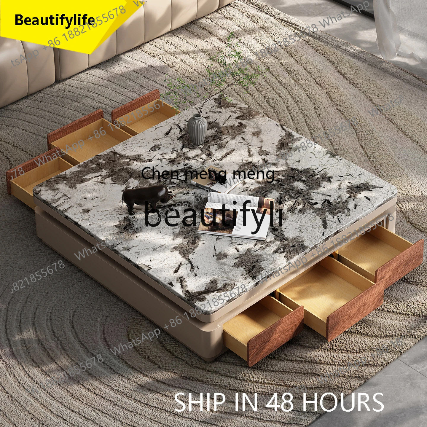 

2003 High-end Villa Natural Marble Solid Wood Coffee Table Living Room Luxurious Feel