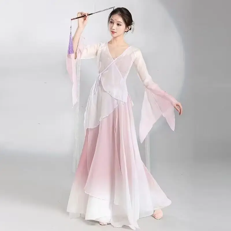 Chinese style folk dance classical dancer performance costumes elegant cardigan practice clothes body rhyme long outer gauze