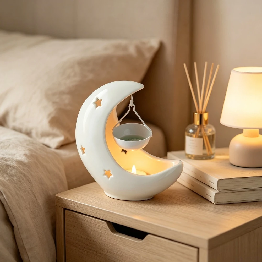 Black White Moon Shape Ceramic Aroma Wax Warmer Tealight Candle Holder Hanging Oil Melter for Tabletop Home Decoration