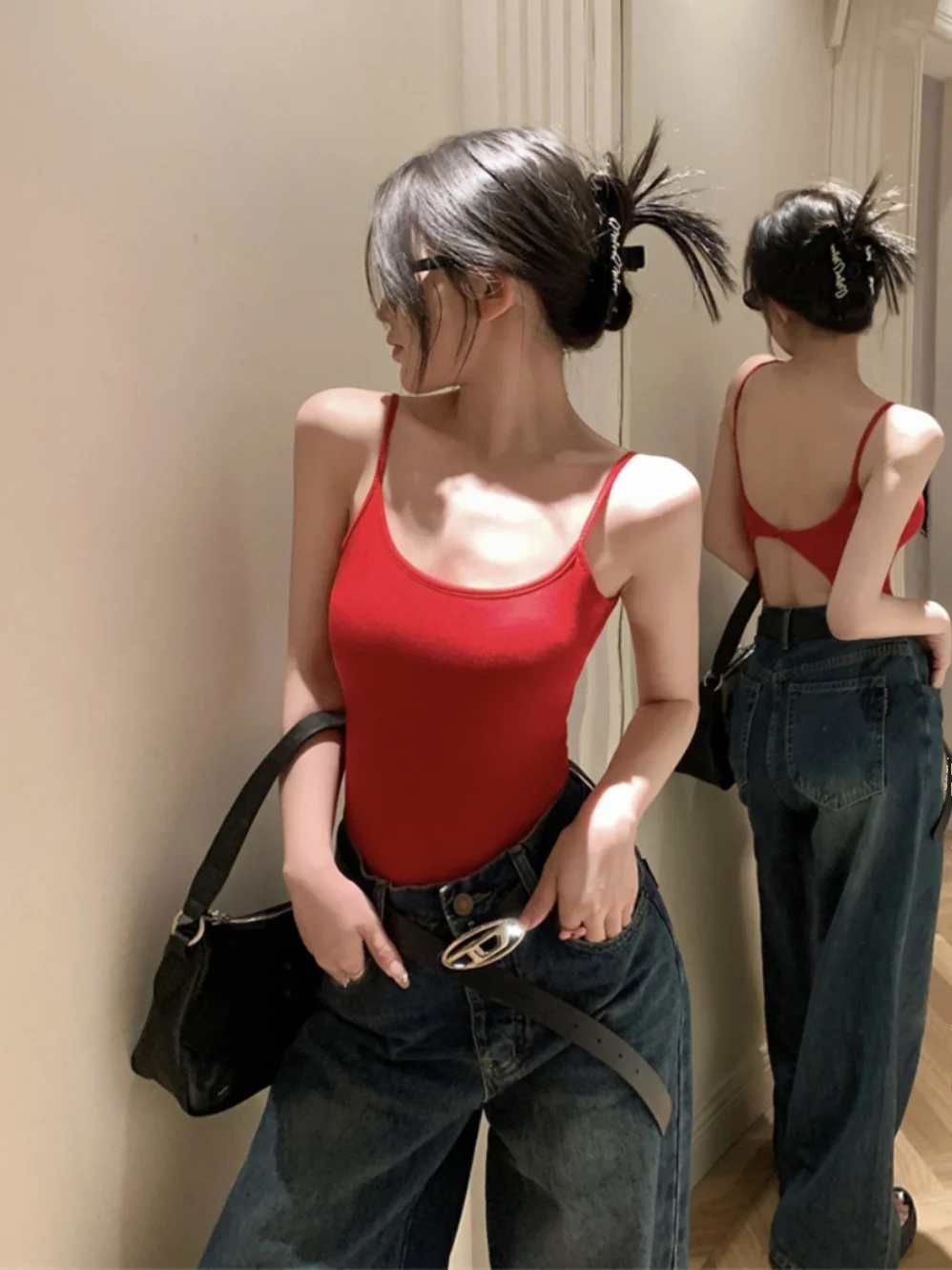 Sexy Red Bal Bodysuit Women Summer Spicy Girl Pure Desire Strap Vest Inner Wear Slimming Top Cotton Material
