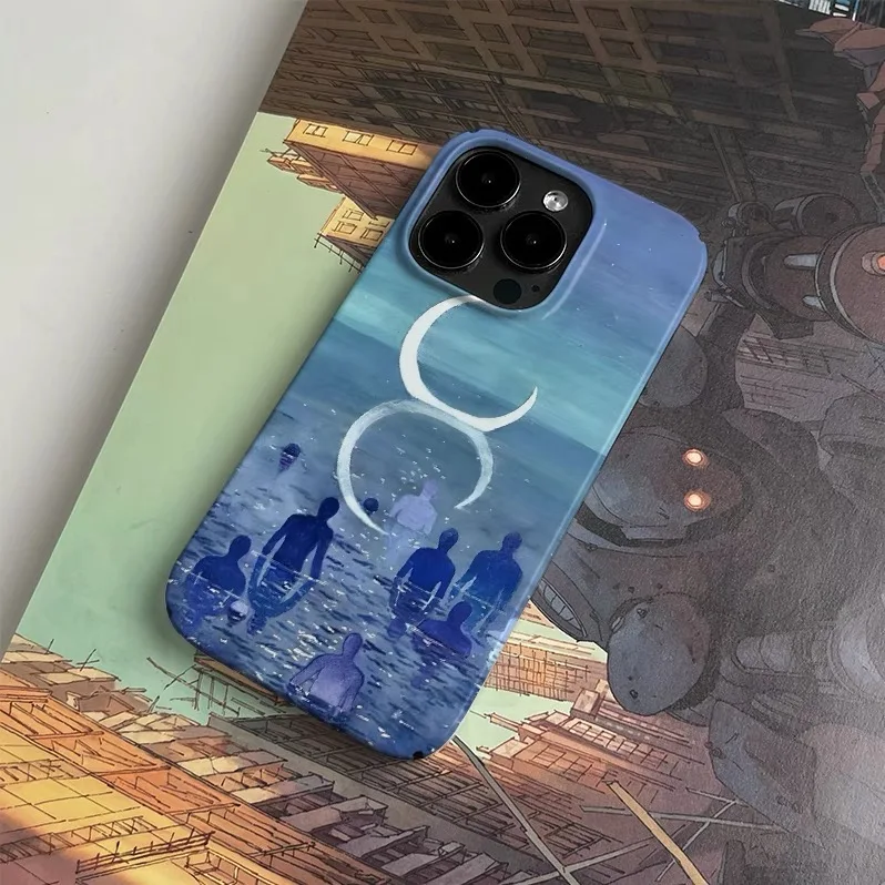 الأزرق النفط اللوحة القمر المؤمن الفن جراب هاتف آيفون 16 15 14 13 برو ماكس 12 11 برو الغطاء الخلفي XS XR 7 8 زائد SE 2020 Funda