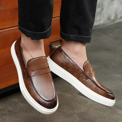 Black Men's Vulcanize Shoes Slip-On Brown Pu Leather Sneakers Shoes for Men with  Size 38-44