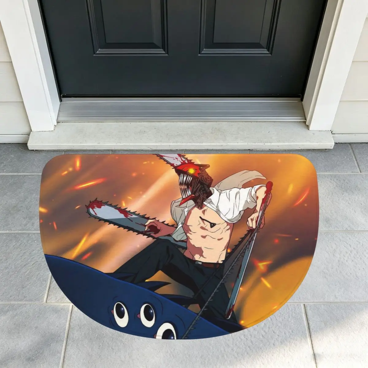 Shark And Denji Chainsaw Man Anime Soft Flannel Half Round Doormat Non Slip Bathroom Mat Absorbent Floor Carpet for Garage